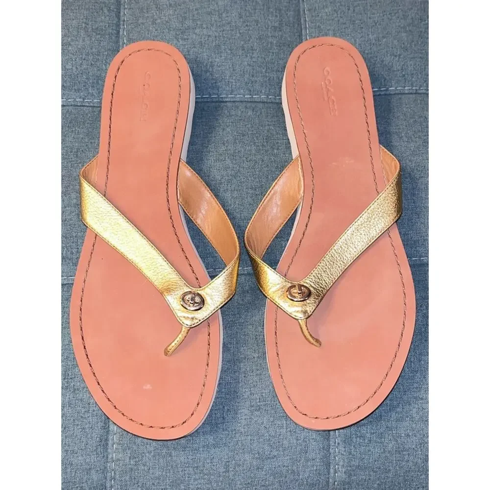 Coach Womens Shelly Leather Flip Flop Metallic Gold Tumble Size 11B